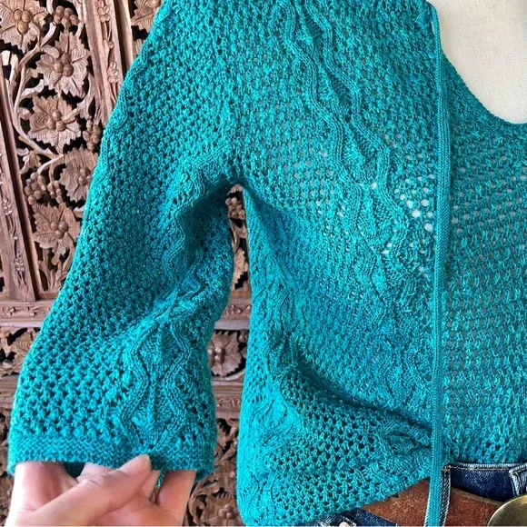 Vintage Teal Cotton Crochet Knit Tie-Neck Quarter Sleeve Sweater Boho Beach - Picture 5 of 13
